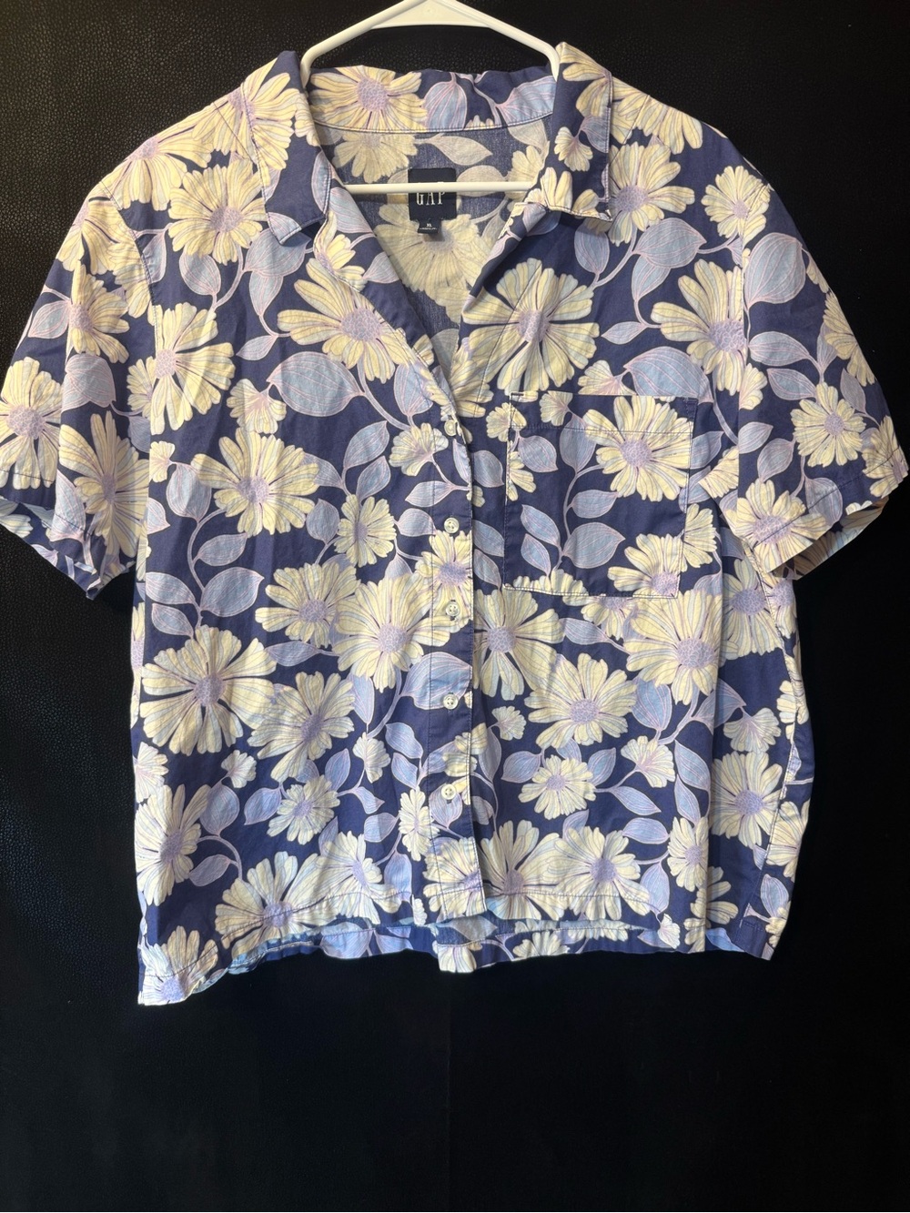 GAP Womens XL Floral Button Up Shirt Blue Yellow Camp Collar 100% Cotton